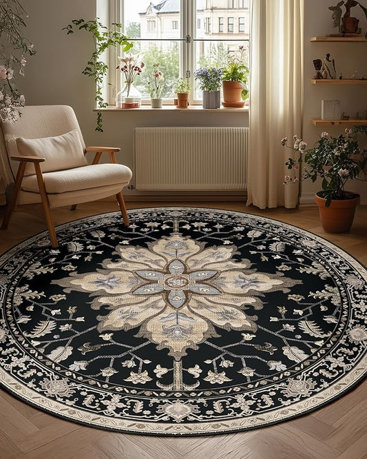 RELEANY Area Rugs 5ft Washable Non-Slip, Floral Vintage Distress Print Pattern Medallion Carpet for Living Room Bedroom Dining Room, Black Brown Neutral Dark Tan