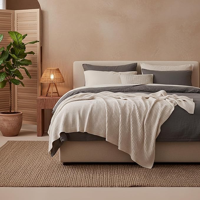Bedsure Gentlesoft 100% Cotton Blanket Queen Size for Bed - Breathable and Soft for Spring Summer, Thick Cozy Waffle Weave Blanket Gifts for Women, Begie, 90x90 Inches