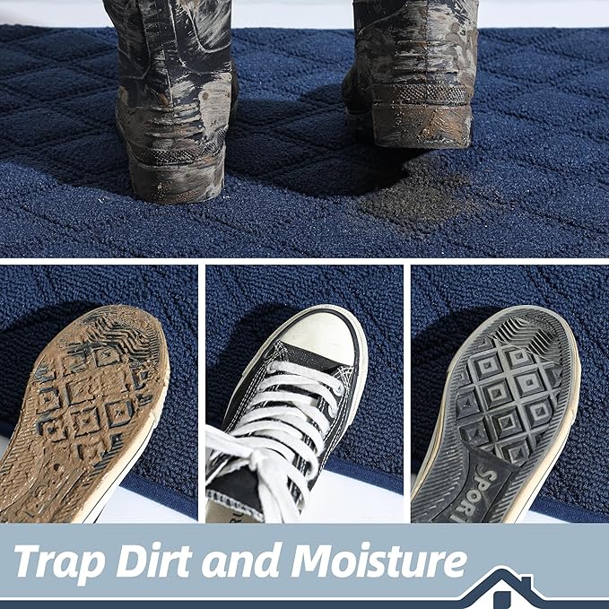 BEQHAUSE Dirt Trapper Door Mat 20" x 32", Non-Slip Washable Doormats Welcome Mat, Dirt Resistant and Absorbent Entrance Mat, Low Profile Floor Mats for Front Back Door, Entryway, Blue