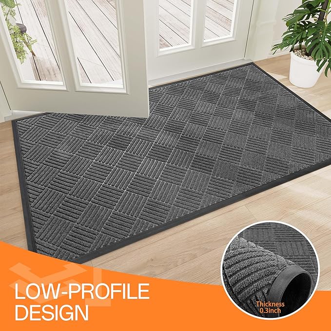 Indoor Outdoor Door Mat, 4’x 2' Doormat for Entryway, Rubber Backing Non Slip Front Door Mat Outside Entrance, Super Absorbent Commercial Floor Mat for Home Office, Gray
