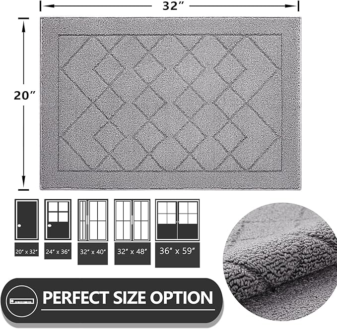 REFETONE Indoor Doormat, Front Back Door Mat 20"x32" Rubber Backing Non Slip Mats, Absorbent Washable Entrance Doormat for Entryway, Resist Dirt Low-Profile Inside Floor Mat for Muddy Shoes Light Grey