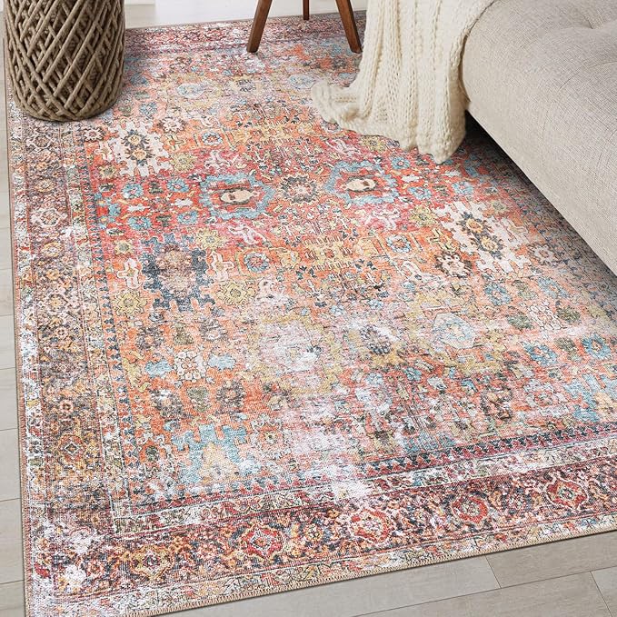 Rugshop Multi Transitional Distressed Area Rug — Machine Washable & Non‑Slip, 3'3"x5 for Living Room, Bedroom and Home Office