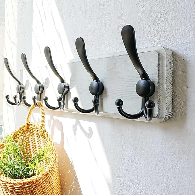 Dseap Coat Rack Wall Mounted - 5 Tri Hooks, Heavy Duty, Wooden Wall Coat Hanger Coat Hook for Clothes Hat Jacket Clothing, White & Black