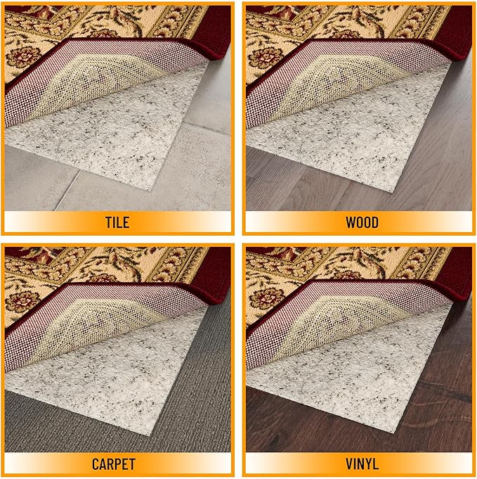 Ottomanson 7'8" x 9' Non-Slip Rug Pad Gripper 1/12 Inch Ultra Thin Dual Surface Felt + Rubber Gripper - Safe for All Floors, Cream