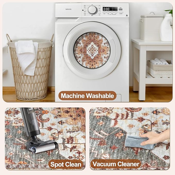 Tangsoo 2x6 Washable Runner Rug for Hallways, Non Slip Vintage Rugs, Soft Low Pile Long Rug, Print Distressed Turmeric Carpet Runners for Kitchen Bedroom Entryway Bathroom Living Room