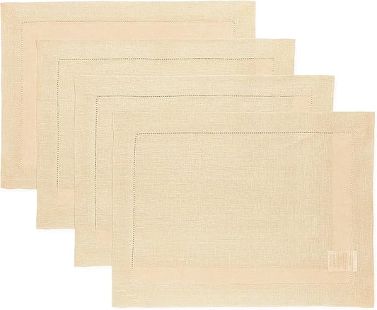Solino Home Linen Placemats Set of 4 - Classic Hemstitch Beige Placemats 14 x 19 Inch - 100% Pure Linen Table Mats for Spring, Easter