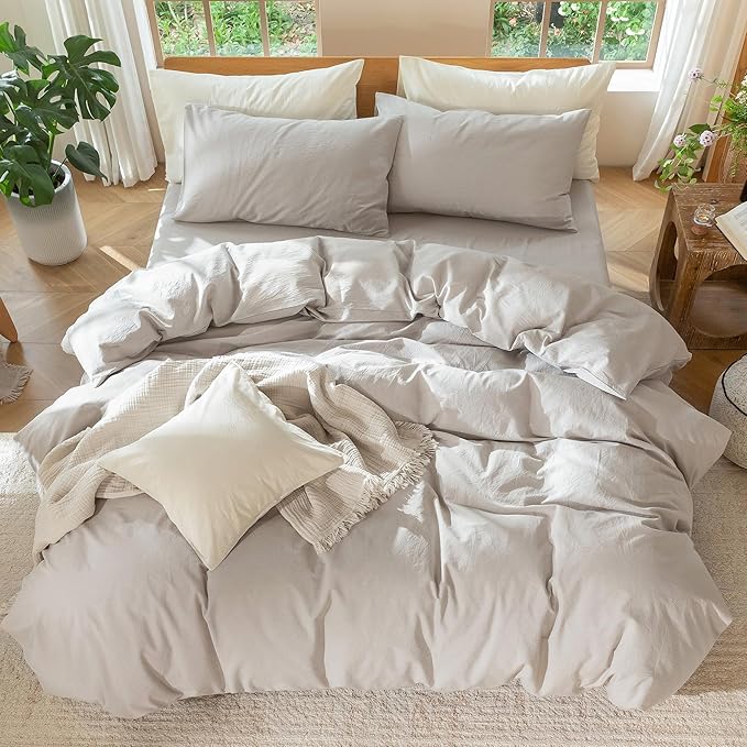 MooMee Bedding Duvet Cover Set 100% Washed Cotton Linen Like Textured Breathable Durable Soft Comfy (Heathered Cream Grey, King 104"x90")