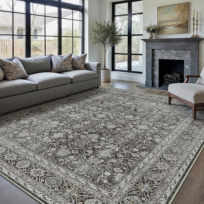 PureCozy Vintage Area Rug 5x7 Black Washable Living Room Large Carpet Non Slip Bedroom Indoor Office Low Pile Traditional Distressed Retro Accent Rug for Dining Room Bathroom Kitchen