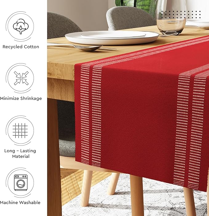 Encasa XO Table Runner and Placemats Set 6 | Fine Ribbed Cotton | Ladder Red | 1 Table Runner Size 13"x72" & Each Table Mat Size 19x13 Inch