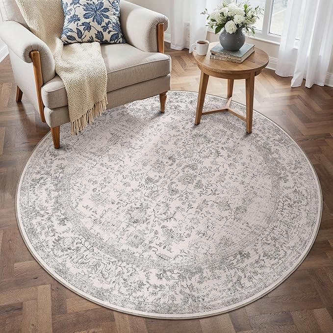 PureCozy Grey Round Area Rug 3ft Entryway Door Mat Small Circle 3x3 Kitchen Vintage Carpet Non Slip Indoor Bedroom Washable Distressed Floral Retro Accent Throw Rug Office Bathroom
