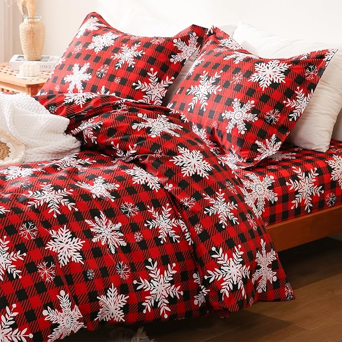 JSD Red Buffalo Plaid Snowflakes Duvet Cover Set King Size, 3 Piece Christmas Winter Printed Microfiber Duvet Comforter Covers