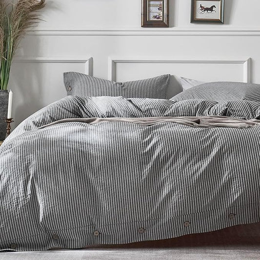 JELLYMONI Cotton Duvet Cover Full Size - Black Vertical Pinstriped Comforter Cover with Button 100% Washed Cotton 3PCS Breathable Soft Solid Bedding Set Duvet Cover 80×90in & 2 Pillowcases