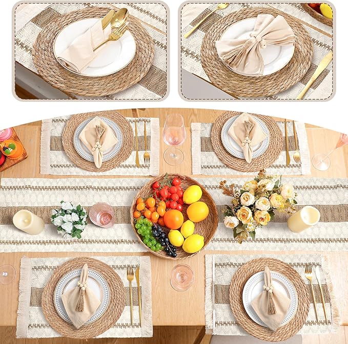 6 Sets Boho Placemats Round Woven Placemats, Cloth Napkins, Wood Bead Napkin Rings, Long Table Runner and Farmhouse Rustic Burlap Cotton for Kitchen Dining Table Home (Khaki C)
