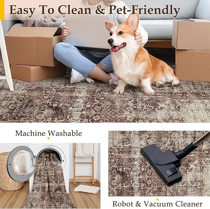 PureCozy Vintage Area Rug 5x7 Rust Red Washable Living Room Large Carpet Non Slip Bedroom Indoor Office Low Pile Traditional Distressed Retro Accent Rug for Dining Room Bathroom Kitchen