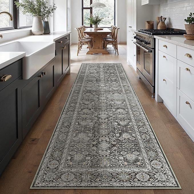 PureCozy Black Runner Rug 3x8 Vintage Area Carpet Hallway Long Indoor Kitchen Washable Living Room Low Pile Traditional Distressed Retro Accent Throw Rug Non Slip Laundry Bathroom Office Dining Room