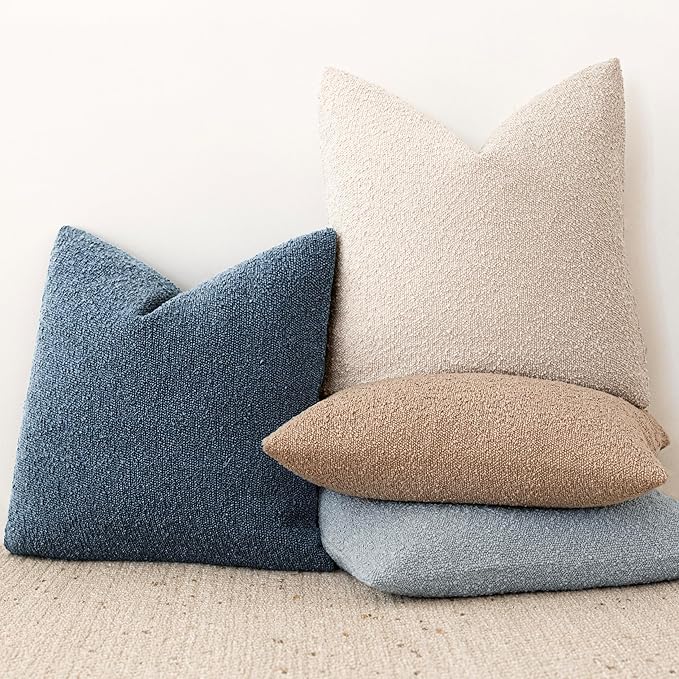 Foindtower Decorative Textured Boucle Throw Pillow Covers Accent Solid Pillow Cases Neutral Soft Cozy Couch Cushion Case for Chair Sofa Bedroom Living Room Home Decor 22x22 Inch,1PC,Dark Blue