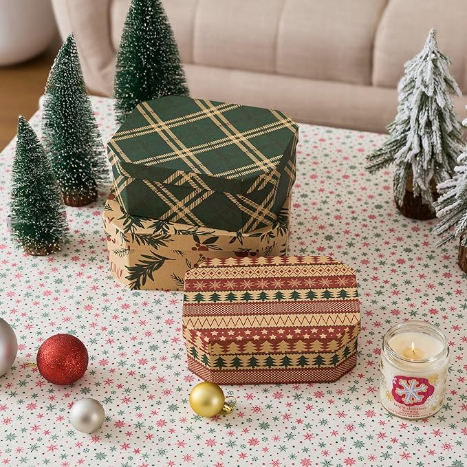 Soul & Lane Christmas Gift Boxes with Lids, Vintage Reusable Christmas Nesting Boxes for Presents, Decorative Cardboard Large Holiday Storage For Keepsakes and Decor, Set of 3
