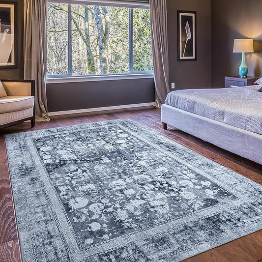 Domitapis Area Rug 5×7, Vintage Boho Rug,Ultra-Soft Low Pile, Washable, Non Slip,Stain Resistant Printed Carpet for Living Room Bedrooms Playroom Office Kitchen, Stone/Blue