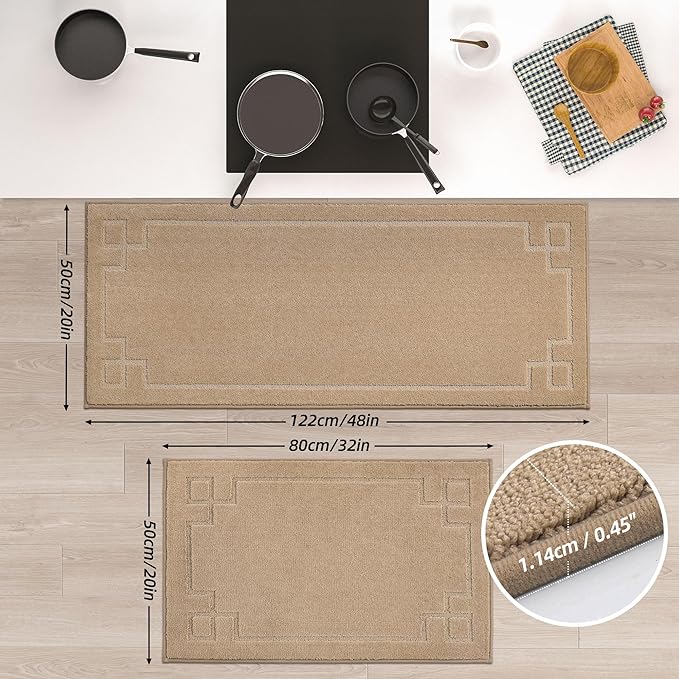BEQHAUSE Kitchen Rugs Non-Slip Washable [2 PCS], Machine Washable Kitchen Mats Absorbent Soft Kitchen Runner Rugs for Floor,Sink,Hallway,Laundry,20”x32”+20”x48”, Beige
