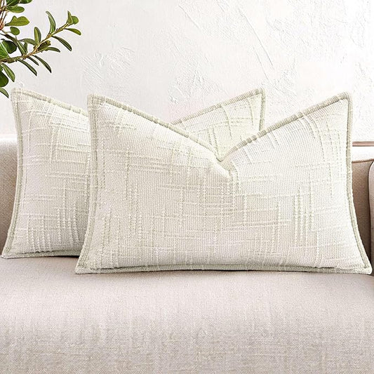 decorUhome Chenille Spring Throw Pillow Covers 12x20 Set of 2, Thick Textured Slubby Neutral Decorative Pillow Covers with Elegant Design for Couch, Sofa, Living Room, Cream White