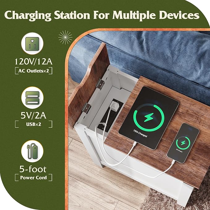 WLIVE End Table with Charging Station, Narrow Side Table for Living Room, Farmhouse Night Stand with Storage, Small Wooden Cabinet with USB Ports and Outlets for Living Room and Bedroom, White