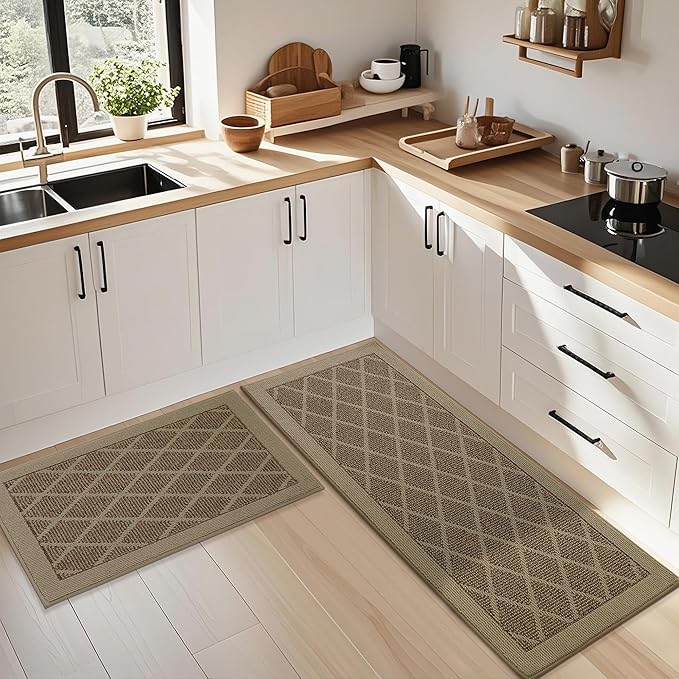 COSY HOMEER Kitchen Mats, 2 PCS Kitchen Rug Non Slip Washable, Absorbent Runner Rugs for Kitchen Floor, 100% Polypropylene Kitchen Sink Rug 24"x36" + 24"x60"(Beige)