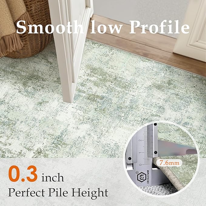 WondRg 6x9 Washable Area Rug Sage Green Abstract Living Room Bedroom Carpet Neutral Modern Non-Slip Soft Low Pile Lightweight Vacuumable Throw Rug for Dining Room Kitchen