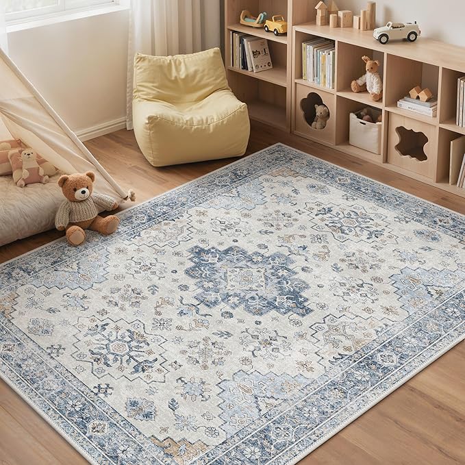 GENIMO 5x7 Area Rugs for Living Room,Machine Washable Non-Slip Vintage Rug, Low Pile Lightweight Carpet for Bedroom, Dining Room, Home Office, Stain & Fade Resistant,Blue