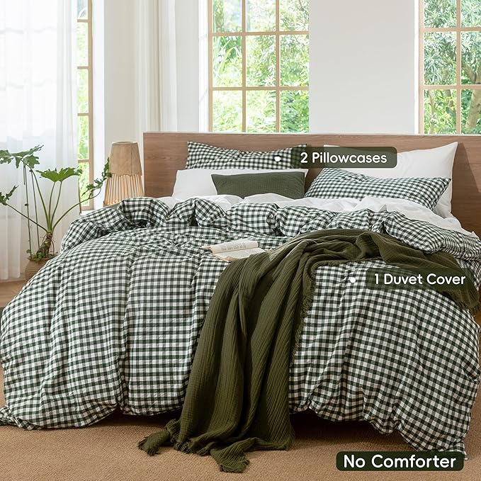 MooMee Gingham Duvet Cover Set 100% Washed Cotton Linen Like Textured Breathable Durable Soft Comfy Modern Checkered Design (Forest Green Gingham, Twin 68"x90")