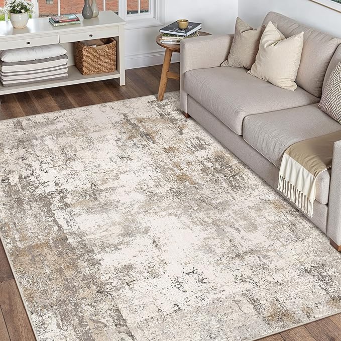 WondRg 4x6 Washable Area Rug Brown Grey Abstract Entryway Office Throw Rug Neutral Modern Non Slip Soft Low Pile Indoor Carpet for Living Room Bedroom Kitchen Entrance