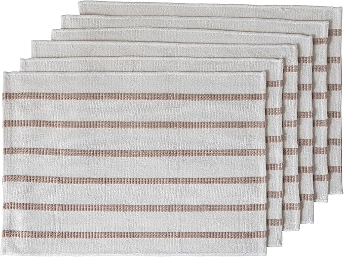 Caflife Boho Farmhouse Placemats Set of 6, Taupe Stripes Cotton Linen Woven Table Mats for Modern Dining Table, 13x19 Inch Rustic Kitchen Decor Place Mats