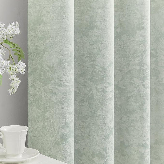Beauoop Green Floral Jacquard Blackout Curtains 96 Inches Long 2 Panels for Bedroom Living Room Chenille Flower Room Darkening Thermal Insulated Soundproof Rod Pocket Back Tab Window Drapes 52x96