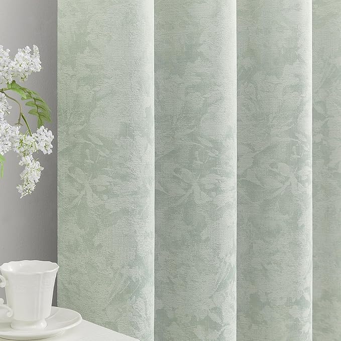 Beauoop Green Floral Jacquard Blackout Curtains 84 Inches Long 2 Panels for Bedroom Living Room Chenille Flower Room Darkening Thermal Insulated Soundproof Rod Pocket Back Tab Window Drapes 52x84