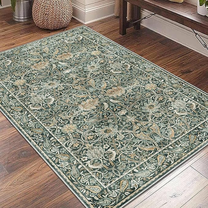 Fortsea Compact 4x6 Washable Area Rug Dark Green Non-Slip Low Pile Rug for Entryway Kitchen Bathroom Easy Clean Modern Print Floor Mat（4x6 Dark Green）