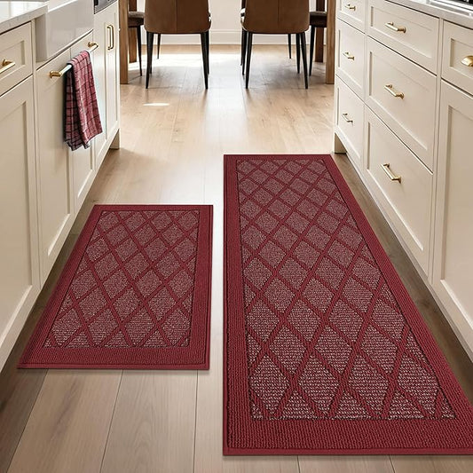 COSY HOMEER Kitchen Mats, 2 PCS Kitchen Rug Non Slip Washable, Absorbent Runner Rugs for Kitchen Floor, 100% Polypropylene Kitchen Sink Rug 24"x36" + 24"x60"(Red)