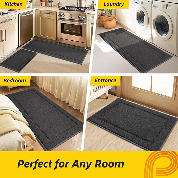 JSEI Non-Slip Kitchen Mats, Self Adhesive No Sliding Kitchen Rugs Set of 2, Washable Absorbent Floor Mat for Kitchen, Bathroom, Laundry Room, Bedroom, 24”x36”+24”x60”, Dark Grey, Rectangular Pattern