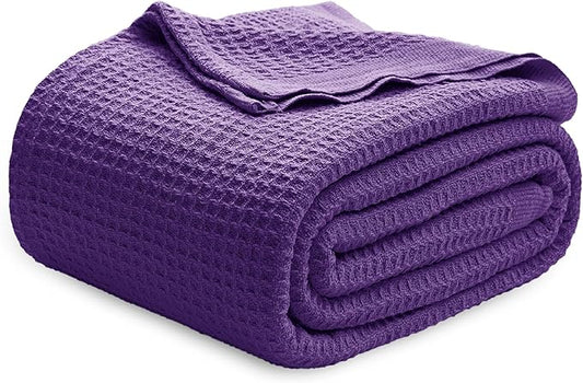 Bedsure Gentlesoft 100% Cotton Blanket Queen Size for Bed - Breathable and Soft, Thick Cozy Waffle Weave Christmas Blanket Gift for Women, Purple, 90x90 Inches