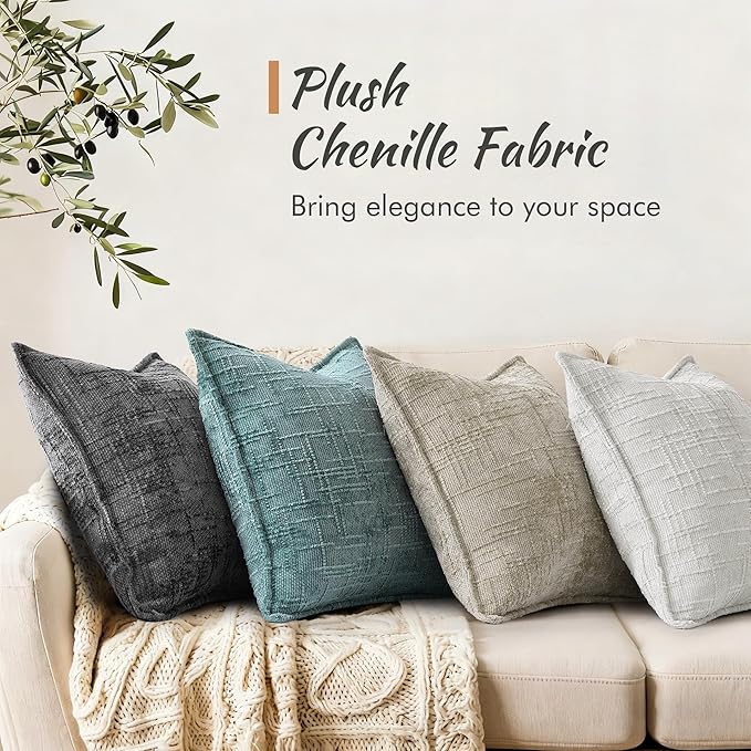decorUhome Chenille Throw Pillow Covers 16x16 Set of 2, Thick Textured Slubby Neutral Decorative Pillow Covers with Elegant Design for Couch, Sofa, Living Room, Light Brown