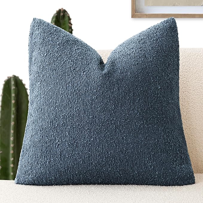 Foindtower Decorative Textured Boucle Throw Pillow Covers Accent Solid Pillow Cases Neutral Soft Cozy Couch Cushion Case for Chair Sofa Bedroom Living Room Home Decor 20x20 Inch,1PC,Dark Blue