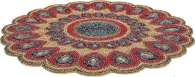 Scalop Floral Beaded Charger & Placemats - 13" Round, Gold, Red, Grey - Holiday & Christmas