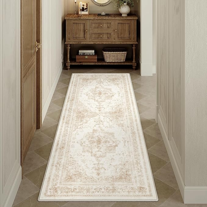 PureCozy Runner Rug 2x6 Cream Hallway Washable Beige Carpet Non Slip Vintage Medallion Beige Carpet Low Pile Soft Distressed Retro Indoor Long Rug for Entryway Kitchen Bathroom Laundry Bedroom