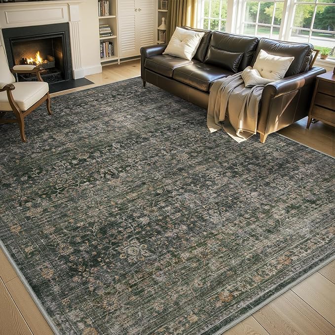 MontVoo-Vintage Area Rug 6X9 Green Rugs for Living Room-Soft Distressed Printed Rugs for Bedroom-Non Slip Carpet-Machine Washable Rug for Dining Room Living Room Bedside Office