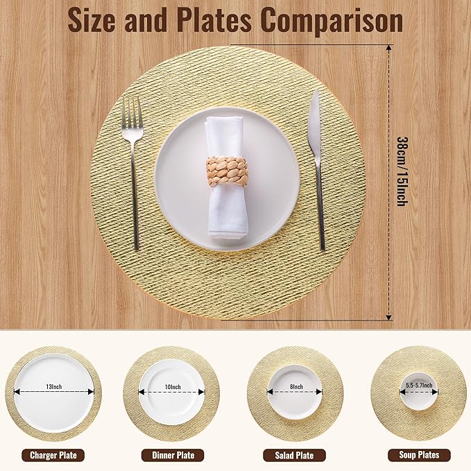 Jovono 15" Faux Leather Big Round Placemats Set of 6 - Washable Heat Resistant Non-Slip Dining Table Mats with Fabric Texture for Kitchen Home Party Wedding Decor, Gold
