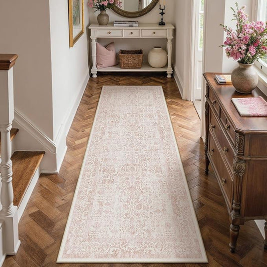 PureCozy Pink Runner Rug 2x7 Hallway Machine Washable Kitchen Vintage Distressed Non Slip Long Carpet Indoor Retro Floral Bedroom Accent Throw Rug for Bathroom Office Laundry Dining Room