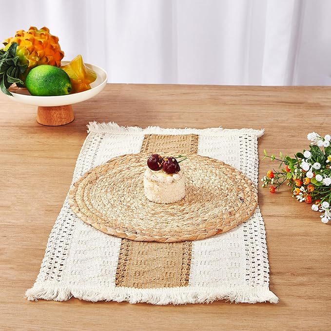 Denique Boho Placemats Set of 13 PCS - Handmade Grass Woven Meal Mats and Natural Cotton Linen Burlap, with 1 Macrame Burlap Table Runner 12x70inch, Table Mats Set for Dining Table Kitchen