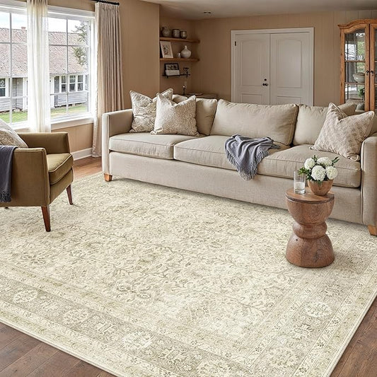 PureCozy Vintage Area Rug 5x7 Beige Washable Living Room Large Carpet Non Slip Bedroom Indoor Office Low Pile Traditional Distressed Retro Accent Rug for Dining Room Bathroom Kitchen