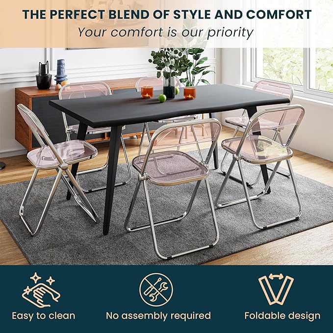 LeisureMod Lawrence Modern Clear Acrylic Folding Chair with Metal Frame, Space-Saving Transparent Seating for Dining Room, Home Office, Bedroom, Vanity or Small Spaces, (Rose Pink, Singles)