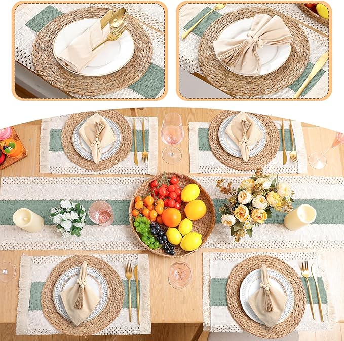 4 Sets Boho Placemats Round Woven Placemats, Cloth Napkins, Wood Bead Napkin Rings, Long Table Runner and Farmhouse Rustic Natural Burlap Cotton for Kitchen Dining Table Home (Green)