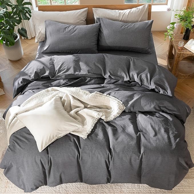 MooMee Bedding Duvet Cover Set 100% Washed Cotton Linen Like Textured Breathable Durable Soft Comfy (Heathered Dark Grey, Super Queen 90"x98")