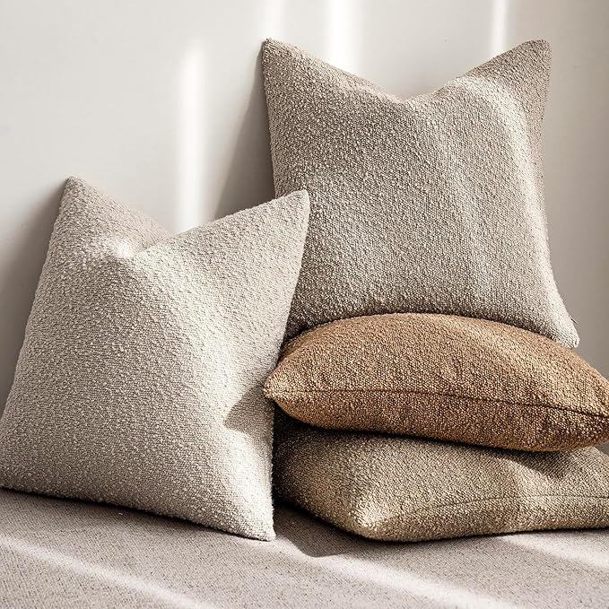 Foindtower Decorative Textured Boucle Throw Pillow Covers Accent Solid Pillow Cases Neutral Soft Cozy Couch Cushion Case for Chair Sofa Bedroom Living Room Home Decor 26 x 26 Inch,Beige Oatmeal